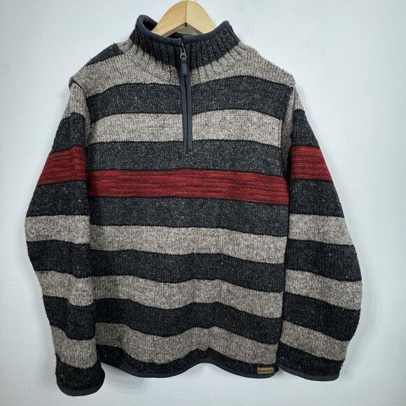 LAUNDROMAT Handcrafted Gray & Red Striped 100% Wool 1/4-Zip Pullover Sweater M - Picture 1 of 7